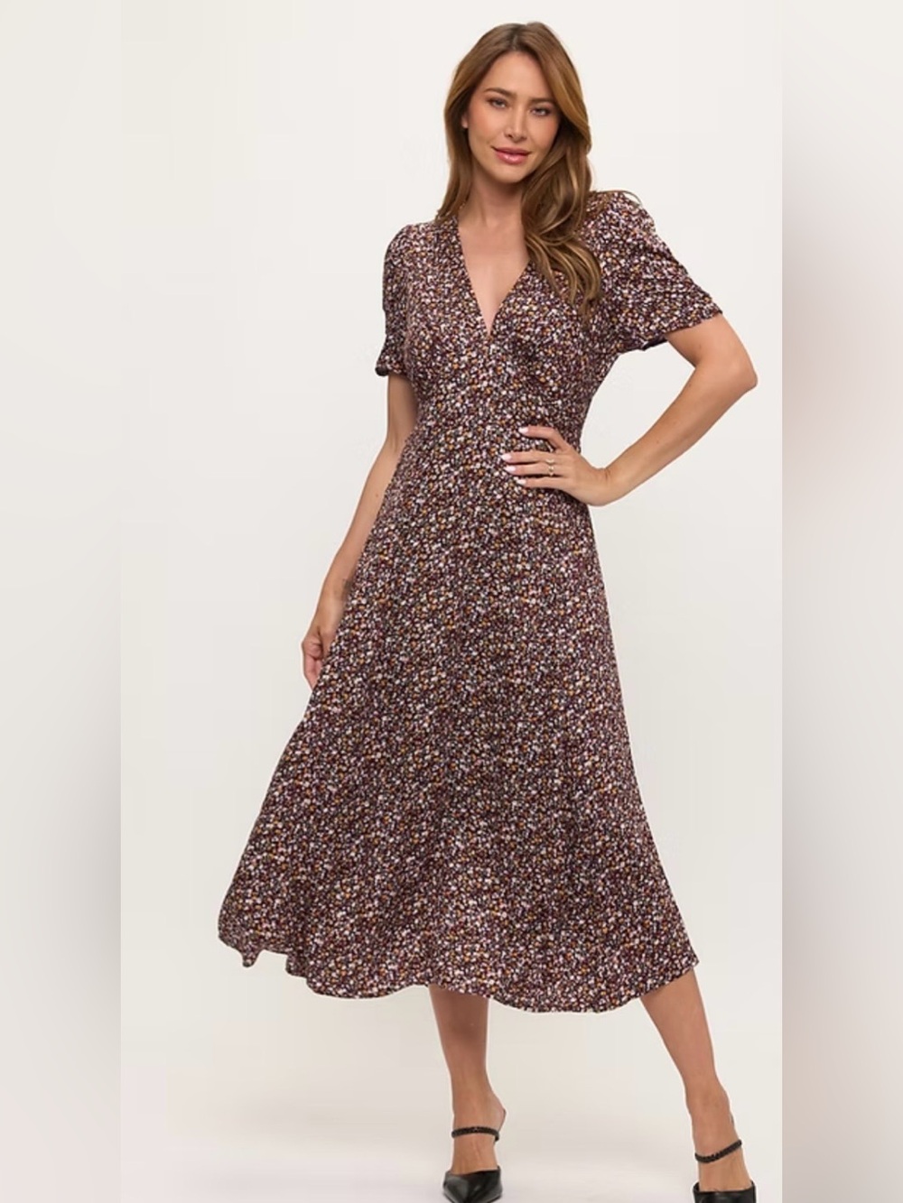 SOZY Floral Midi Dress in Brown & Orange/White Size XL